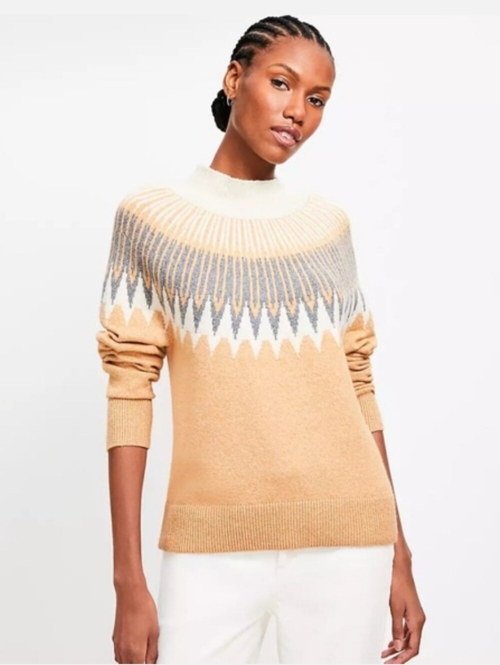 Tan Fair Isle Mockneck Sweater Loft Cabincore Fall Winter Cozy Cotton Blend Lrg.